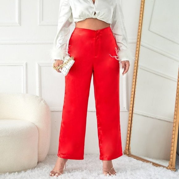 RED High Waist Satin Pants - Picture 7 of 12
